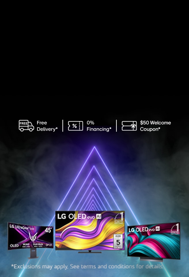 Promotional banner showcasing LG OLED TVs and monitors with advanced display innovation and exclusive OLED deals
