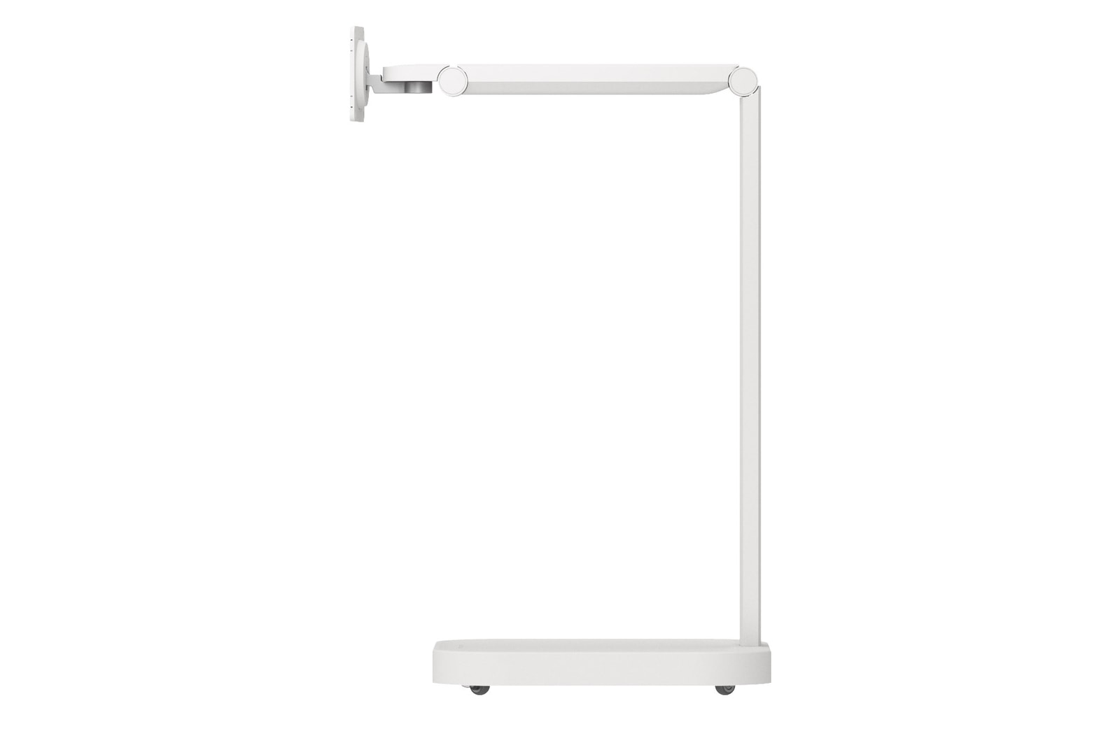 Side view of the monitor stand arm in a lowered position,
