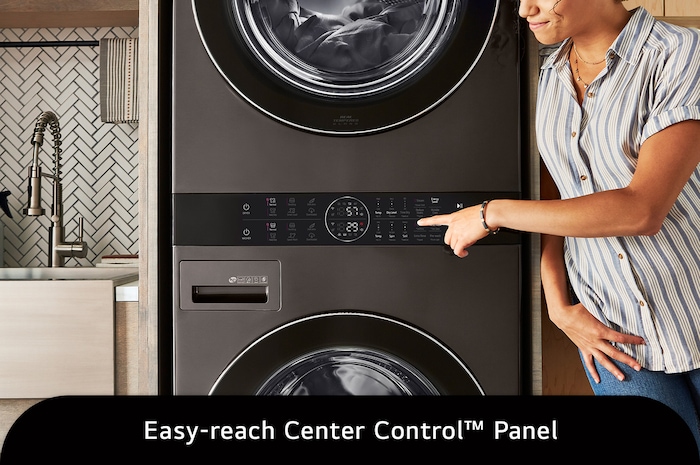 The LG WashTower WKGX201HBA in Black Steel, highlighting the conveniently located all-in-one Center Control™ panel for seamless operation.