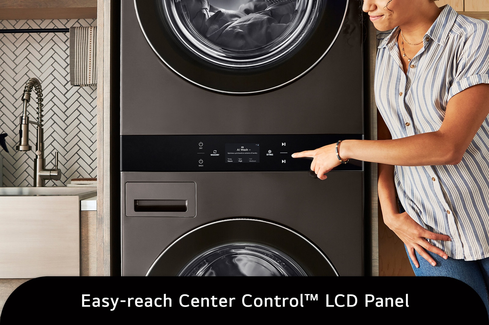The LG WashTower WKEX300HBA in Black Steel, highlighting the conveniently located all-in-one Center Control™ panel for seamless operation.