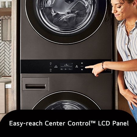 The LG WashTower WKEX300HBA in Black Steel, highlighting the conveniently located all-in-one Center Control™ panel for seamless operation.