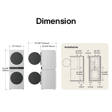 Technical dimension and installation diagram for the LG WashTower: 27 in (70 cm) wide, 74 3/8 in (189 cm) high, 32 3/4 in (83 cm) deep, and 57 3/8 in (145.6 cm) with door open, detailing installation clearances.