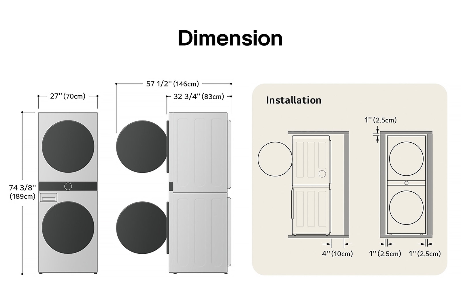 Technical dimension and installation diagram for the LG WashTower: 27 in (70 cm) wide, 74 3/8 in (189 cm) high, 32 3/4 in (83 cm) deep, and 57 1/2 in (146 cm) with door open, detailing installation clearances.