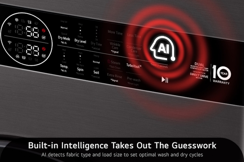 The Center Control™ panel of the LG WashTower WKHC252HBA in Black Steel, highlighting the built-in AI Intelligence that automatically sets optimal wash and dry cycles based on fabric and load size.