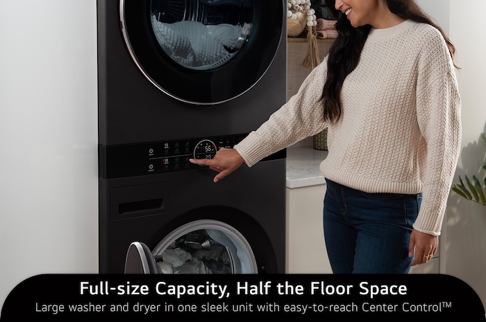 The LG WashTower WKHC252HBA in Black Steel, demonstrating full-size capacity in a half-size footprint, controlled easily via the integrated Center Control™ panel.