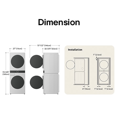 Technical dimension and installation diagram for the LG WashTower: 27 in (70 cm) wide, 74 3/8 in (189 cm) high, 32 3/4 in (83 cm) deep, and 57 1/2 in (146 cm) with door open, detailing installation clearances.