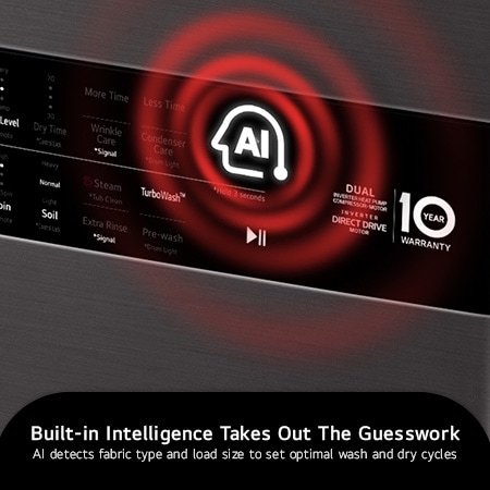 The Center Control™ panel of the LG WashTower WKHC252HBA in Black Steel, highlighting the built-in AI Intelligence that automatically sets optimal wash and dry cycles based on fabric and load size.