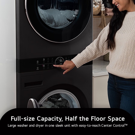 The LG WashTower WKHC252HBA in Black Steel, demonstrating full-size capacity in a half-size footprint, controlled easily via the integrated Center Control™ panel.