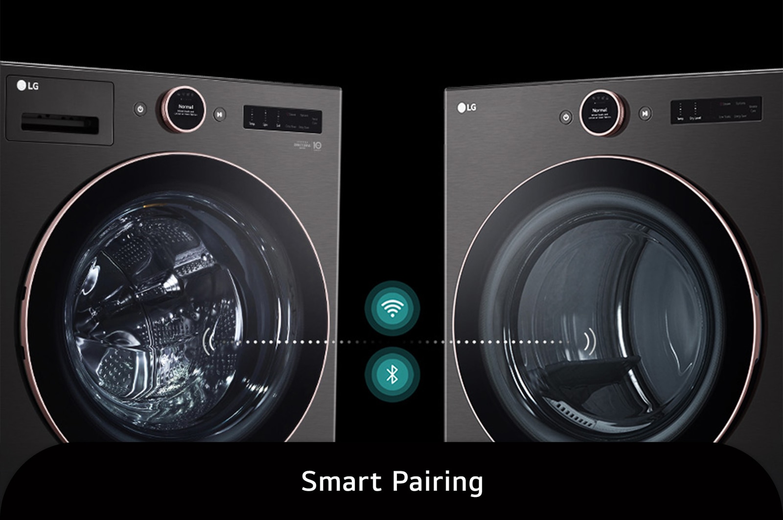 The LG Front Load Washer and Dryer set (WM6500HBA) in Black Steel, illustrating the Smart Pairing feature, which wirelessly connects the units to automatically set the optimal drying cycle.