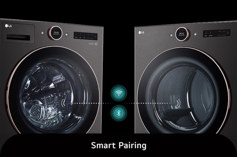 The LG Front Load Washer and Dryer set (WM6500HBA) in Black Steel, illustrating the Smart Pairing feature, which wirelessly connects the units to automatically set the optimal drying cycle.