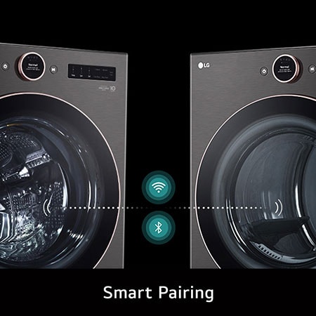 The LG Front Load Washer and Dryer set (WM6500HBA) in Black Steel, illustrating the Smart Pairing feature, which wirelessly connects the units to automatically set the optimal drying cycle.