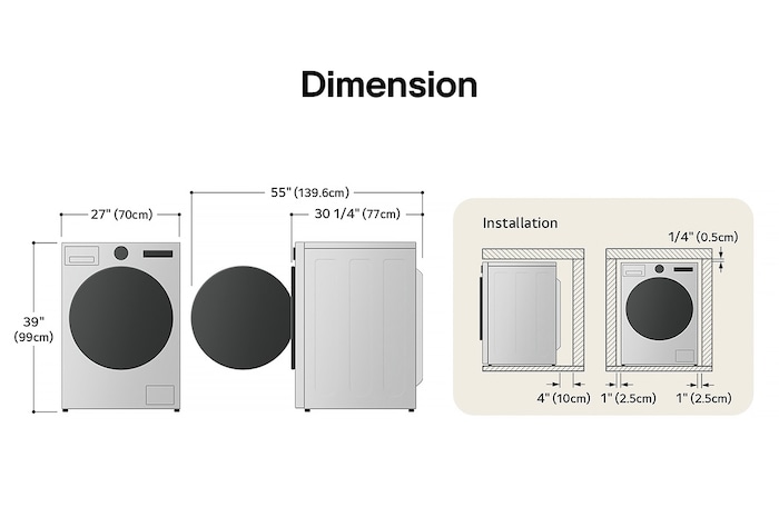 Technical dimension and installation diagram for the LG Front Load Washer: 27 in (70 cm) wide, 39 in (99 cm) high, 30 1/4 in (77 cm) deep, and 55 in (139.6 cm) with door open, detailing installation clearances.