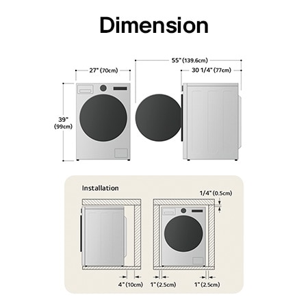 Technical dimension and installation diagram for the LG Front Load Washer: 27 in (70 cm) wide, 39 in (99 cm) high, 30 1/4 in (77 cm) deep, and 55 in (139.6 cm) with door open, detailing installation clearances.