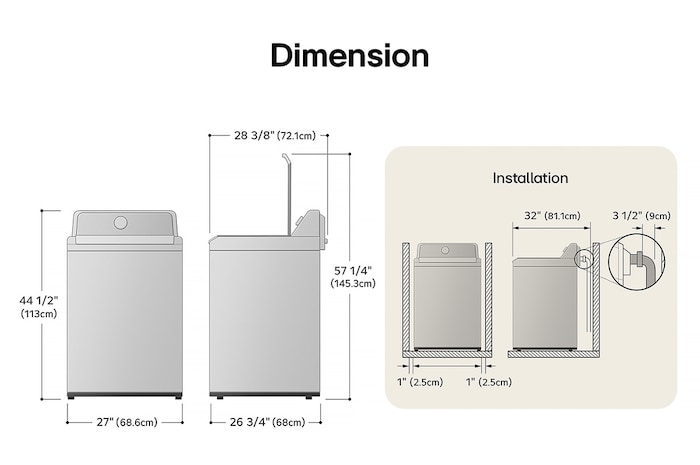 Technical dimension and installation diagram for the LG Top Load Washer: 27 in (68.6 cm) wide, 44 1/2 in (113 cm) high, 26 3/4 in (68 cm) deep, and 57 1/4 in (145.3 cm) lid open height, detailing installation clearances.
