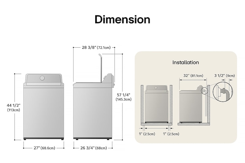 Technical dimension and installation diagram for the LG Top Load Washer: 27 in (68.6 cm) wide, 44 1/2 in (113 cm) high, 26 3/4 in (68 cm) deep, and 57 1/4 in (145.3 cm) lid open height, detailing installation clearances.