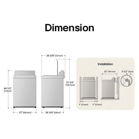 Technical dimension and installation diagram for the LG Top Load Washer: 27 in (68.6 cm) wide, 44 1/2 in (113 cm) high, 26 3/4 in (68 cm) deep, and 57 1/4 in (145.3 cm) lid open height, detailing installation clearances.