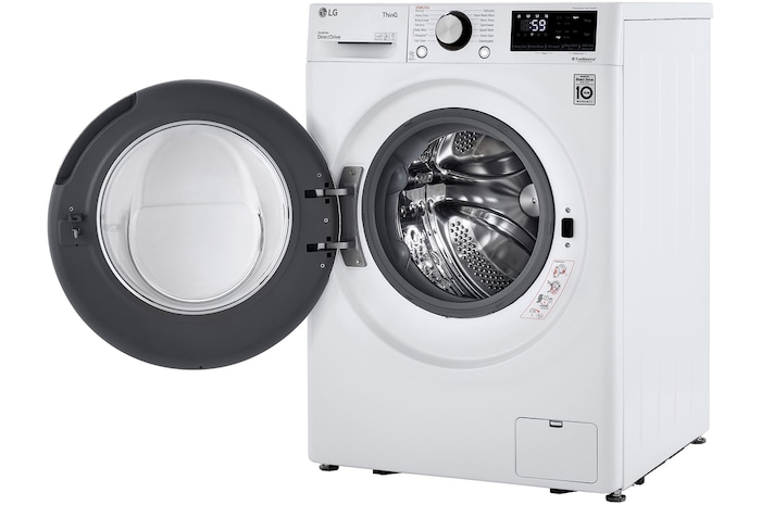 The LG Compact Front Load Washer WM1455HWA in White, shown from an angle with the door wide open, revealing the stainless steel drum and full control panel.