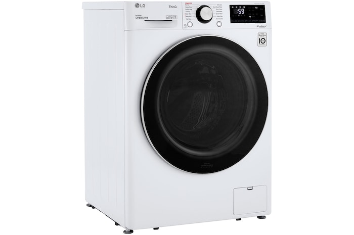 The LG Compact Front Load Washer WM1455HWA in White, shown from an angle with the door closed, emphasizing its compact depth and fully integrated control panel.