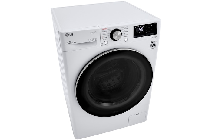 The LG Compact Front Load Washer WM1455HWA in White, shown from a top-down angle, emphasizing the sleek top panel and control dial design.