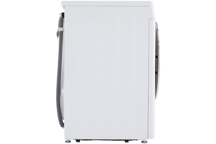 The LG Compact Front Load Washer WM1455HWA in White, showing a full side profile, highlighting its compact depth and the rear hose connection point. 
