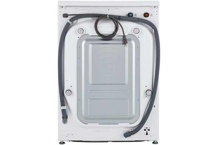 A full rear view of the LG Compact Front Load Washer WM1455HWA in White, displaying the placement of the power cord and water input/drain hoses.