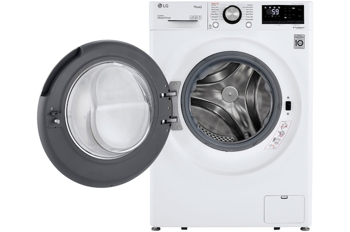 The LG Compact Front Load Washer WM1455HWA in White, shown with the door wide open, revealing the stainless steel drum for easy loading and unloading.