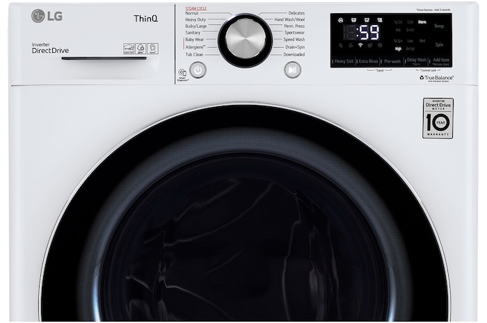 The control panel of the LG Compact Front Load Washer WM1455HWA in White, offering a detailed view of the central dial and the digital display with cycle options.