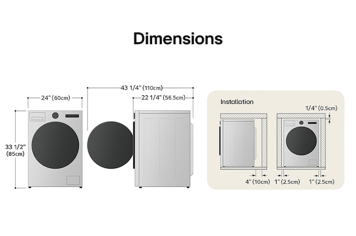 Technical dimension and installation diagram for the LG Compact Front Load Washer: 24 in (60 cm) wide, 33 1/2 in (85 cm) high, 22 1/4 in (56.5 cm) deep, and 43 1/4 in (110 cm) with door open, detailing installation clearances.
