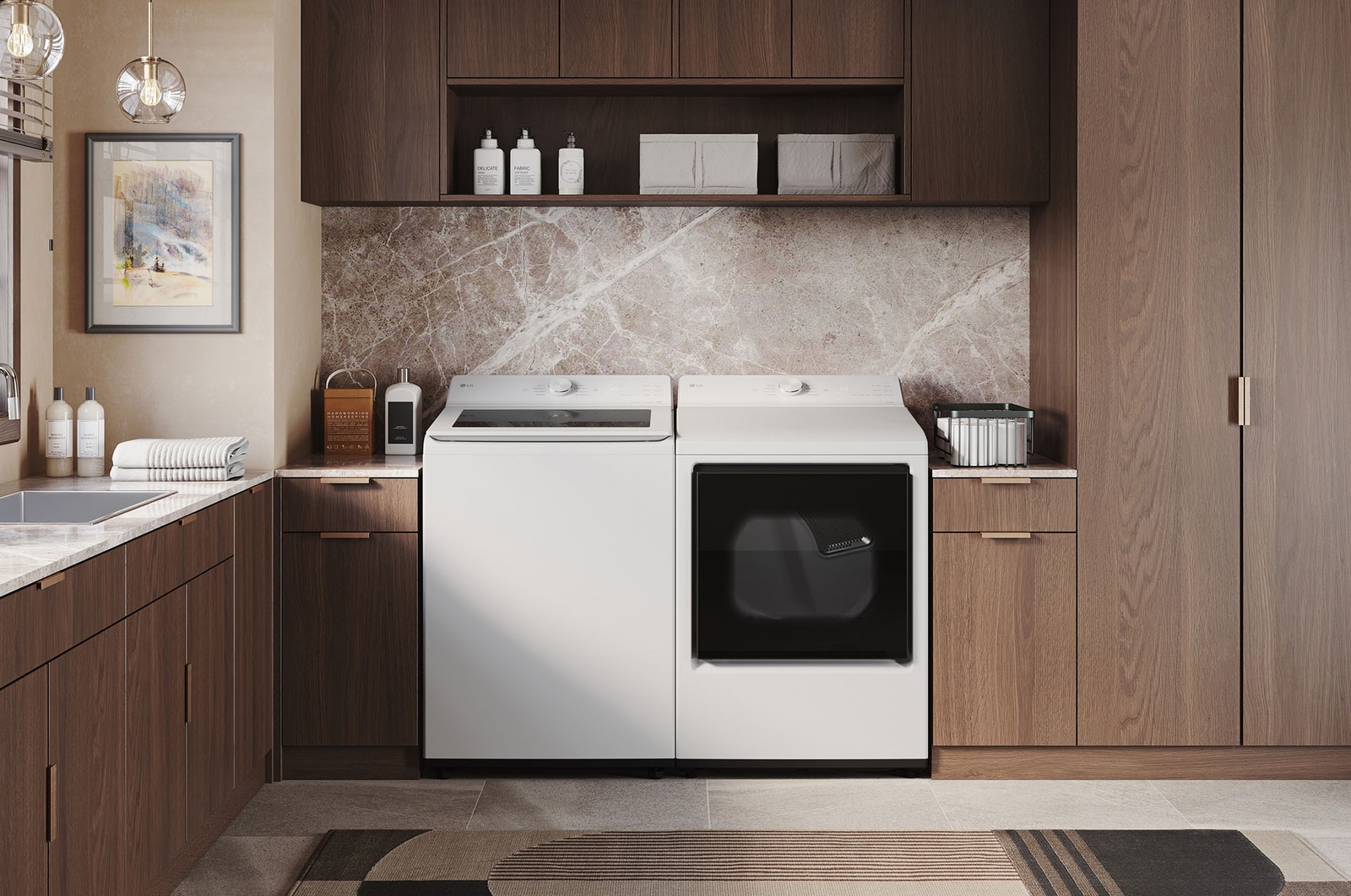 The LG Top Load Washer and Dryer set (WT8205CW) in White, showcasing the flat-top design and clean finish integrated perfectly beneath the upper cabinetry.