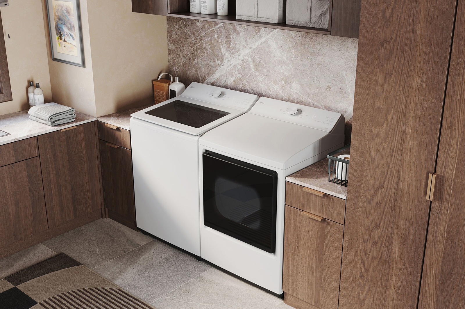 The LG Top Load Washer and Dryer set (WT8205CW) in White, showcasing its premium, side-by-side design seamlessly integrated into a luxurious laundry room with marble and wood finishes.
