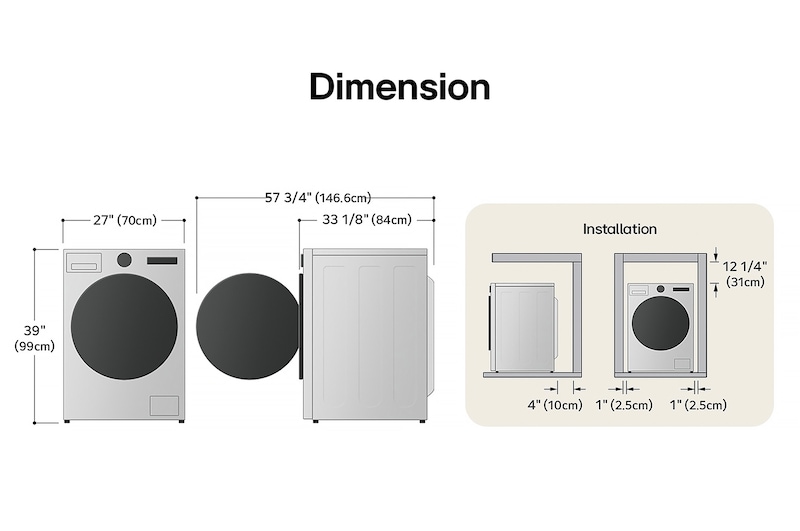 Technical dimension and installation diagram for the LG Front Load Washer Dryer Combo: 27 in (70 cm) wide, 39 in (99 cm) high, 33 1/8 in (84 cm) deep, and 57 3/4 in (146.6 cm) with door open, detailing installation clearances.