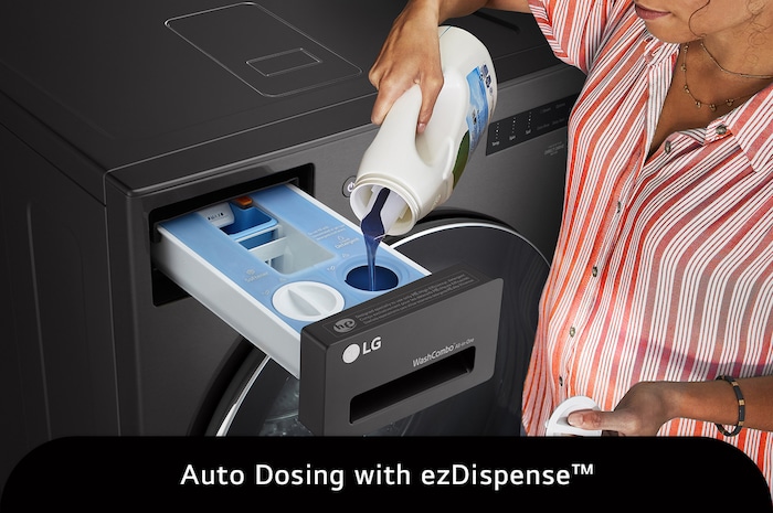 The LG Front Load Washer Dryer Combo WM6998HBA in Black Steel, illustrating a user refilling the ezDispense™ Auto Dosing System, emphasizing the convenience of automatic detergent and softener dispensing.