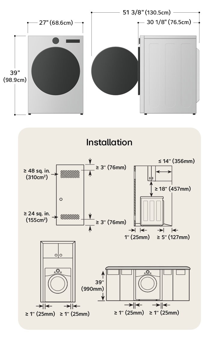 LG dryer technical drawing: W 27"(68.6cm), H 39"(98.9cm), D 29 3/4"(75.6cm) (door open 51 3/8"/130.5cm), incl. clearances.