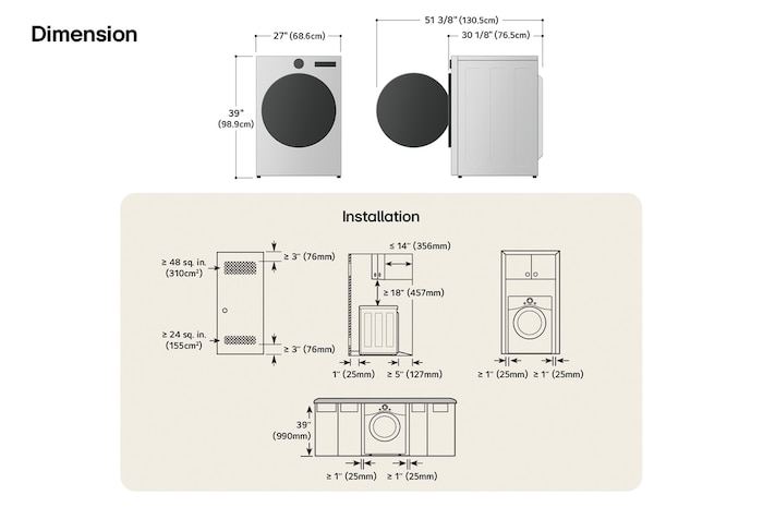 LG dryer technical drawing: W 27"(68.6cm), H 39"(98.9cm), D 29 3/4"(75.6cm) (door open 51 3/8"/130.5cm), incl. clearances.