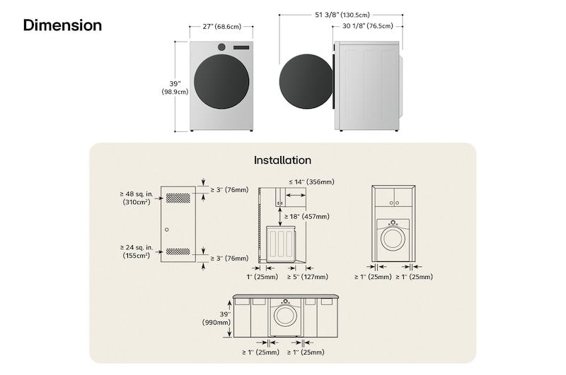 LG dryer technical drawing: W 27"(68.6cm), H 39"(98.9cm), D 29 3/4"(75.6cm) (door open 51 3/8"/130.5cm), incl. clearances.