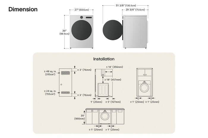 LG dryer technical drawing: W 27"(68.6cm), H 39"(98.9cm), D 29 3/4"(75.6cm) (door open 51 3/8"/130.5cm), incl. clearances.