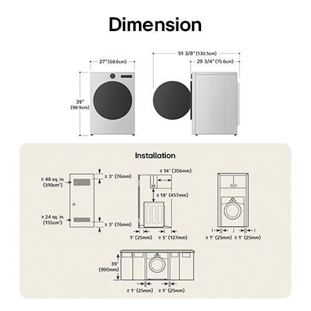LG dryer technical drawing: W 27"(68.6cm), H 39"(98.9cm), D 29 3/4"(75.6cm) (door open 51 3/8"/130.5cm), incl. clearances.