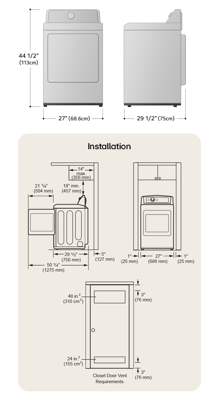 Technical dimension and installation diagram for the LG Dryer: 27 in (68.6 cm) wide, 44 1/2 in (113 cm) high, 29 1/2 in (75 cm) deep, and 50 1/4 in (1275 mm) with door open, detailing required installation and venting clearances.
