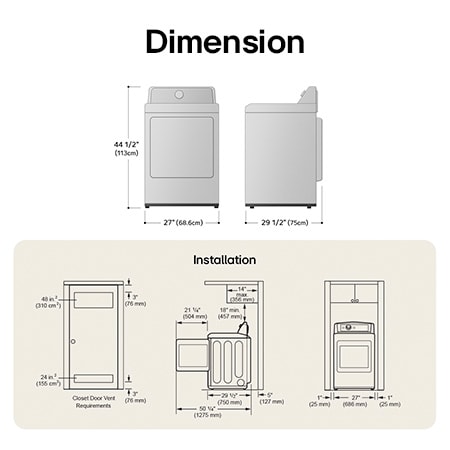 Technical dimension and installation diagram for the LG Dryer: 27 in (68.6 cm) wide, 44 1/2 in (113 cm) high, 29 1/2 in (75 cm) deep, and 50 1/4 in (1275 mm) with door open, detailing required installation and venting clearances.