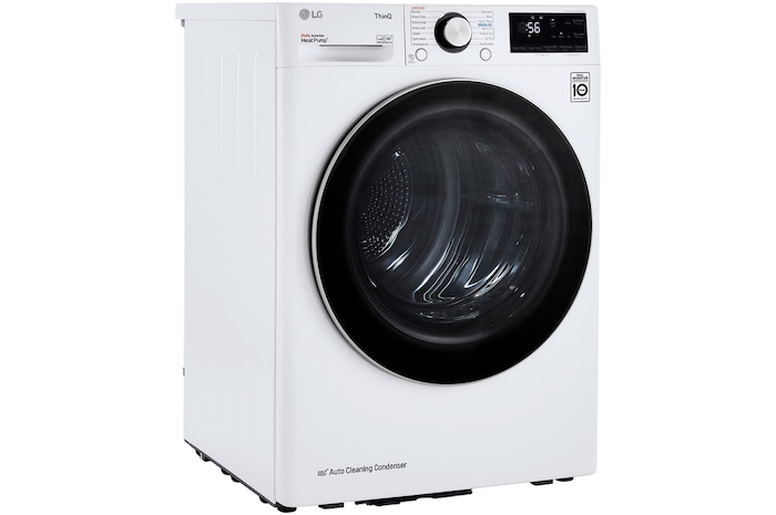 The LG Compact Front Load Heat Pump Dryer DLHC1455W in White, shown from an angle with the door closed, emphasizing the compact design and Auto Cleaning Condenser feature.