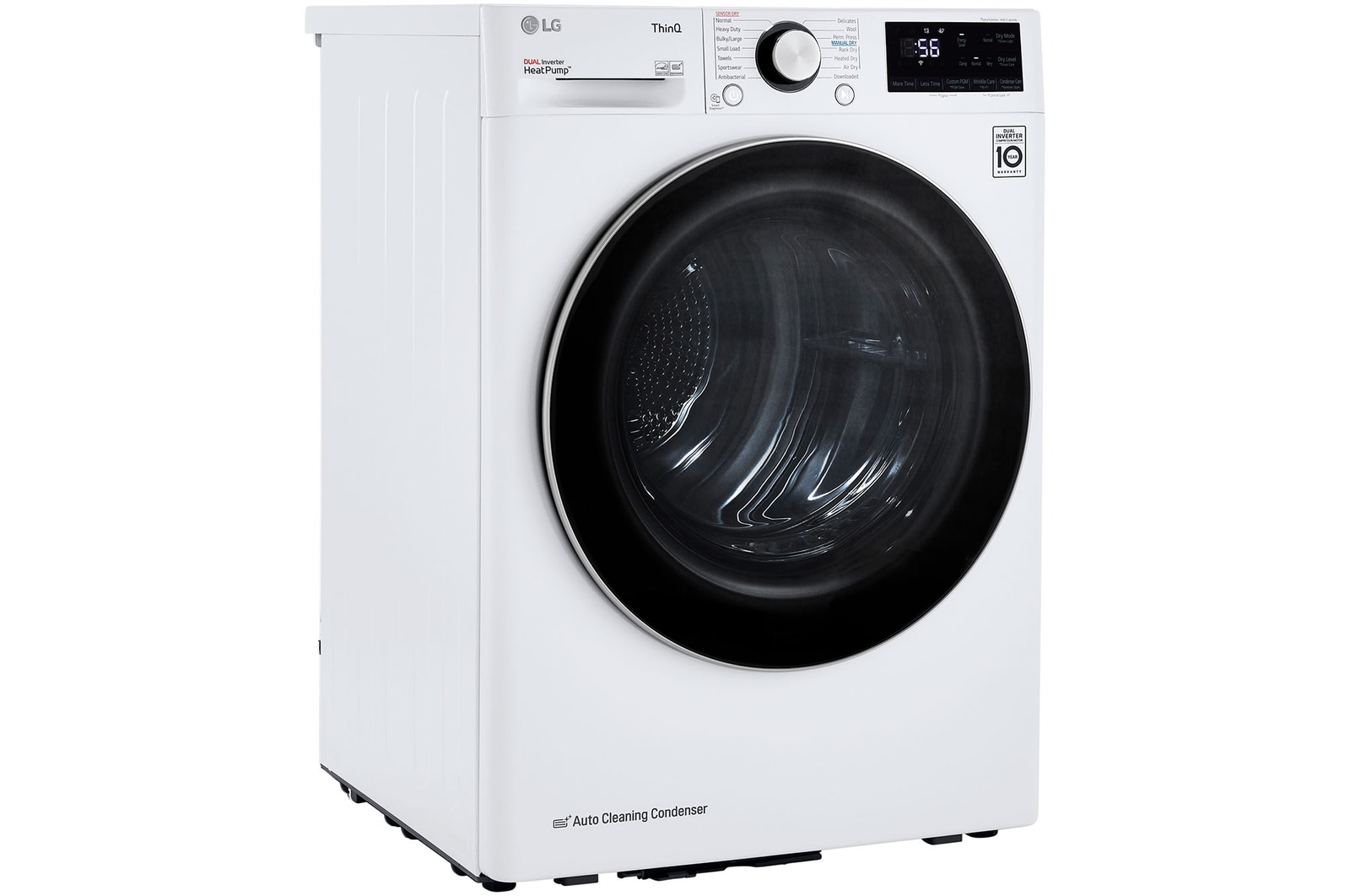 The LG Compact Front Load Heat Pump Dryer DLHC1455W in White, shown from an angle with the door closed, emphasizing the compact design and Auto Cleaning Condenser feature.
