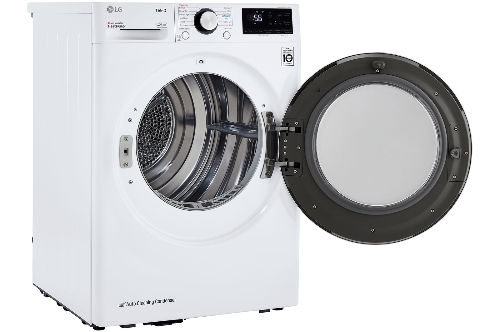 The LG Compact Front Load Heat Pump Dryer DLHC1455W in White, shown from an angle with the door wide open, allowing full access to the stainless steel drum.