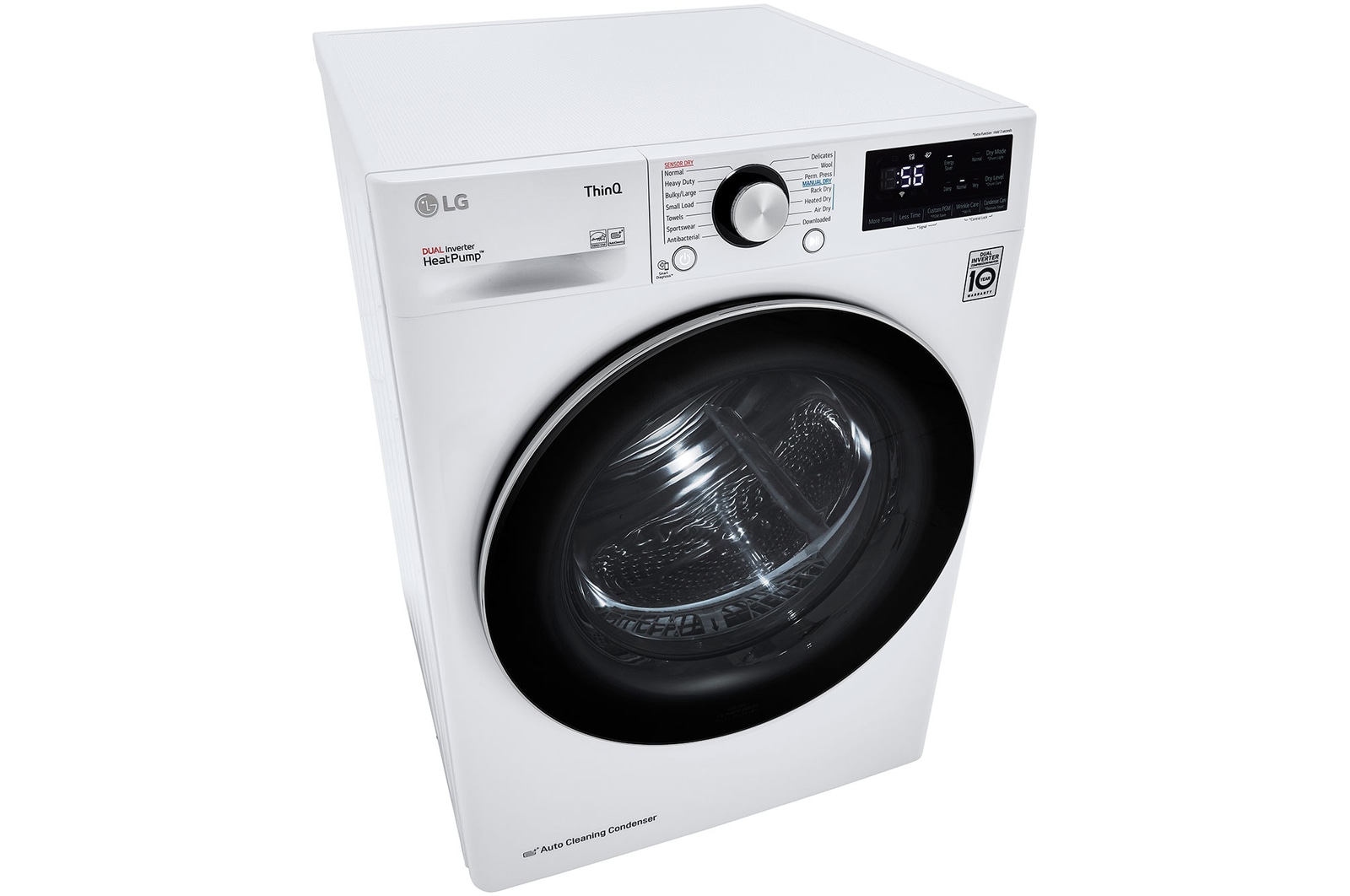 The LG Compact Front Load Heat Pump Dryer DLHC1455W in White, shown from a top-down angle, emphasizing the sleek top panel and the Dual Inverter HeatPump™ logo. 
