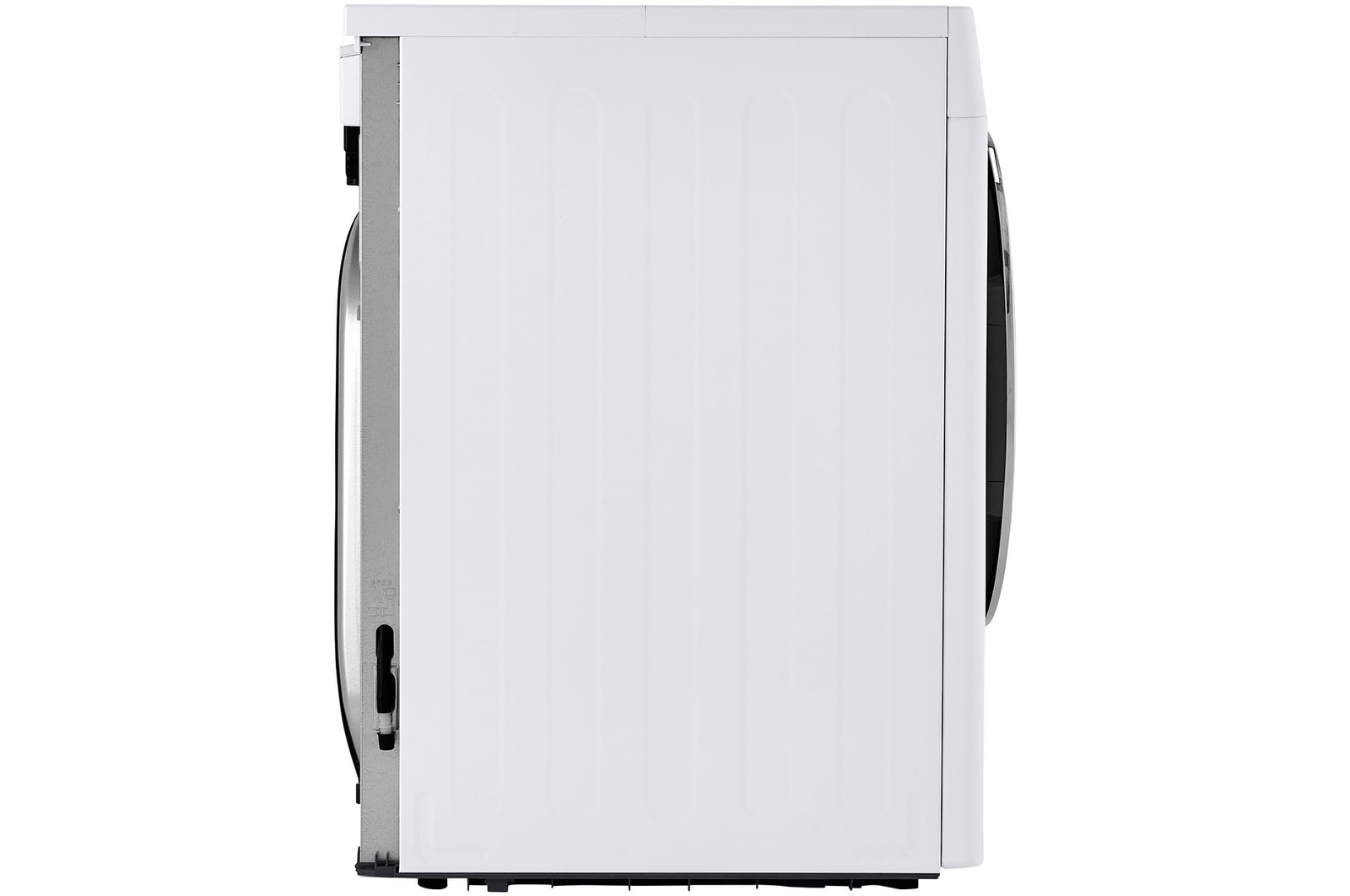 The LG Compact Front Load Heat Pump Dryer DLHC1455W in White, showing a full side profile, highlighting its compact depth and clean, minimalist side panel design.