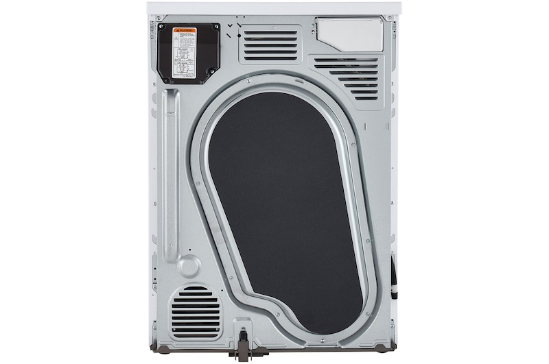 A full rear view of the LG Compact Front Load Heat Pump Dryer DLHC1455W in White, displaying the heat pump component cover and rear ventilation details.