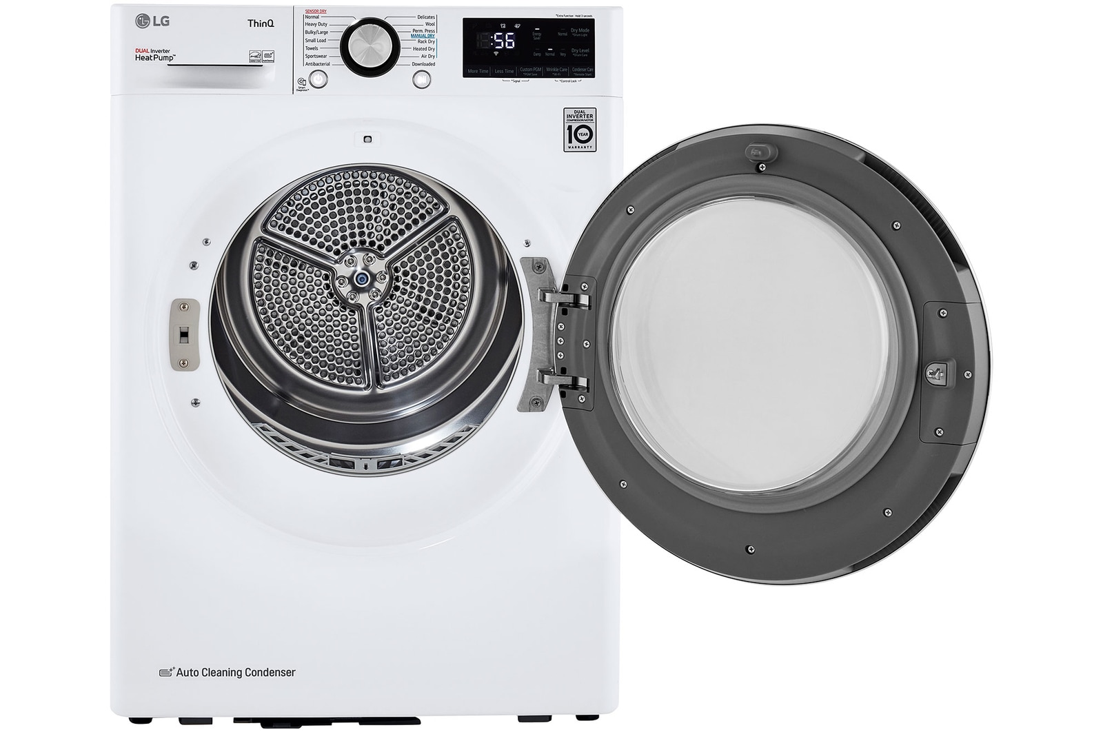 The LG Compact Front Load Heat Pump Dryer DLHC1455W in White, shown with the door wide open, revealing the stainless steel drum and HeatPump™ technology branding.