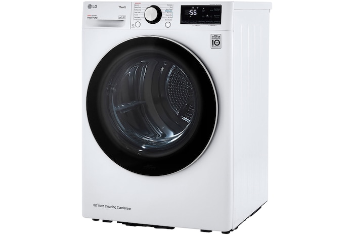 The LG Compact Front Load Heat Pump Dryer DLHC1455W in White, shown from an angle, emphasizing its compact depth and HeatPump™ technology.