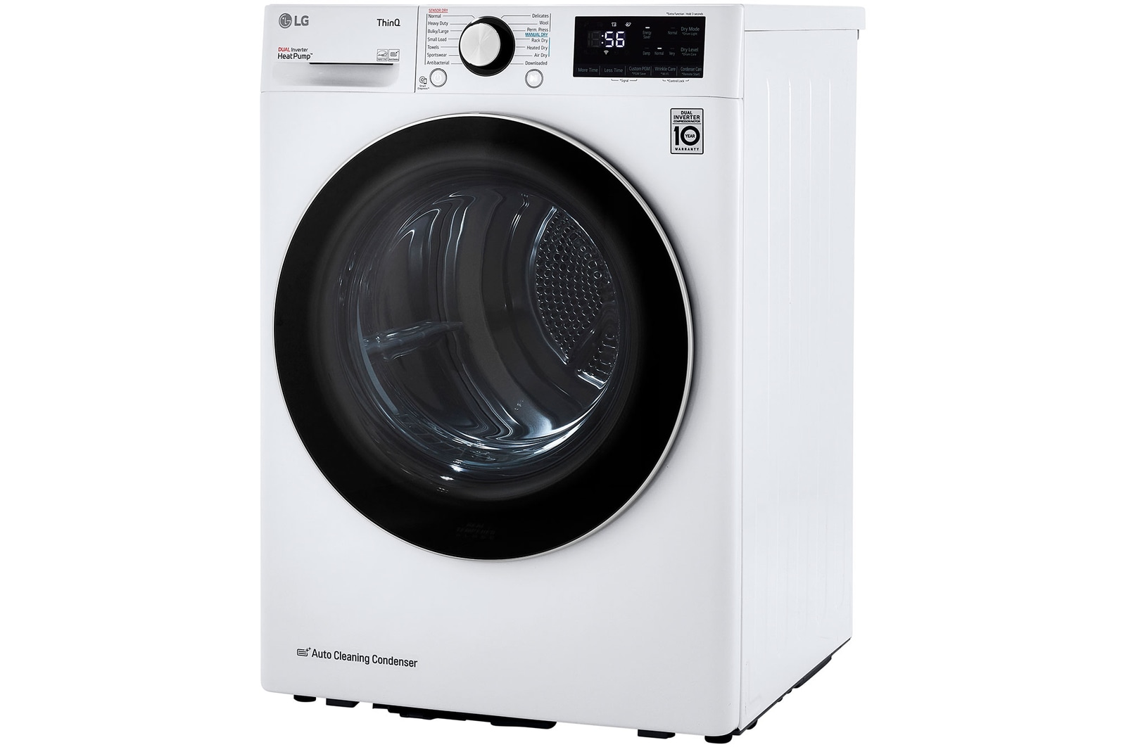 The LG Compact Front Load Heat Pump Dryer DLHC1455W in White, shown from an angle, emphasizing its compact depth and HeatPump™ technology.