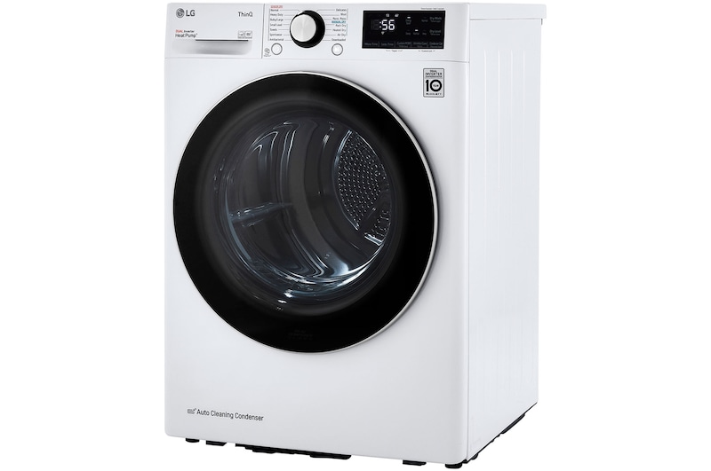The LG Compact Front Load Heat Pump Dryer DLHC1455W in White, shown from an angle, emphasizing its compact depth and HeatPump™ technology.
