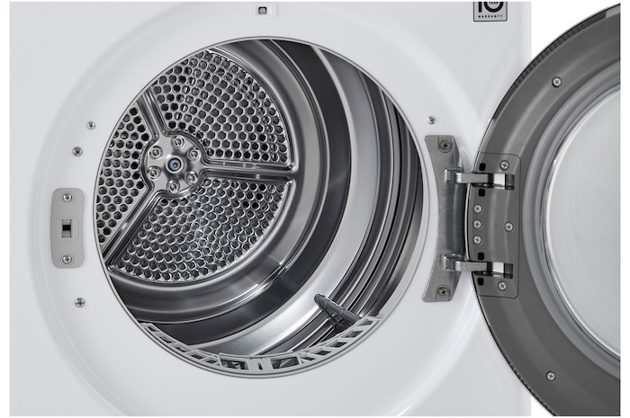 A close-up view of the drum interior of the LG Compact Front Load Heat Pump Dryer DLHC1455W in White, highlighting the durable stainless steel drum.